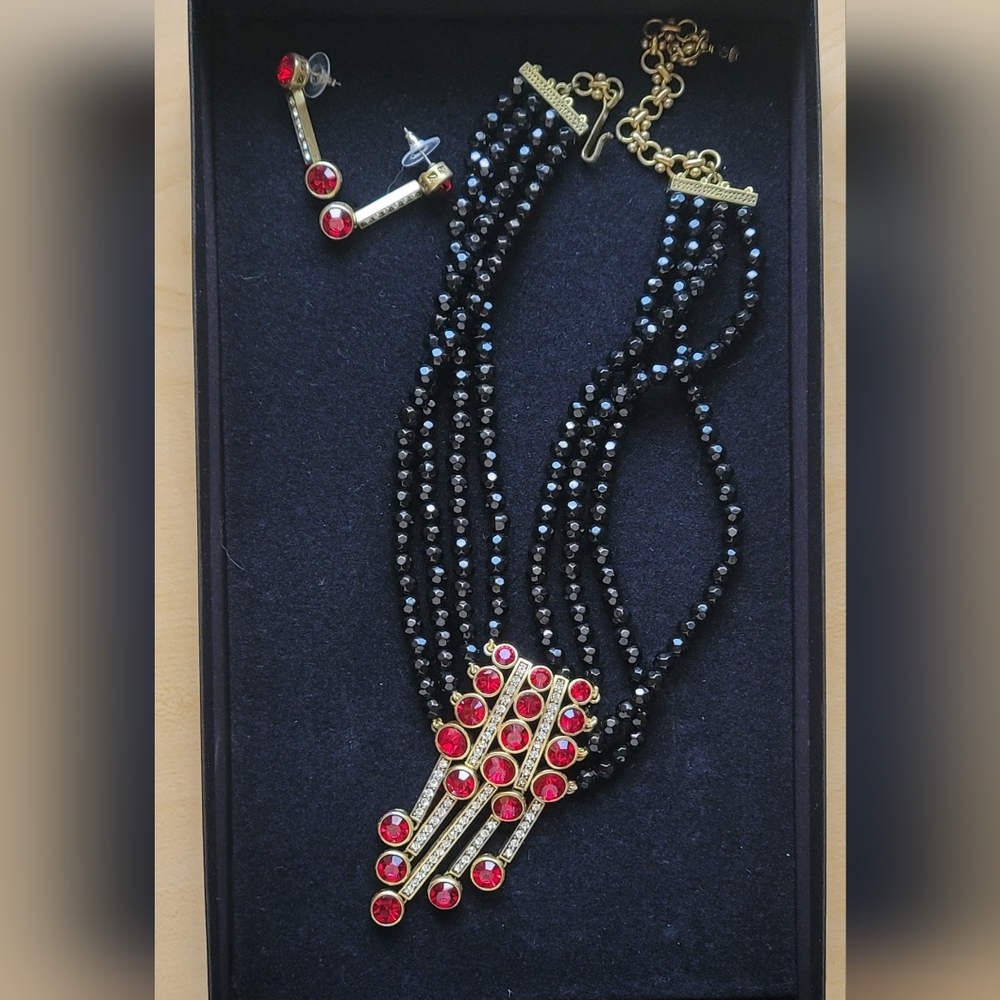 Heidi Daus Two-Piece Art Deco Style Red & Black Necklace and Earrings Set